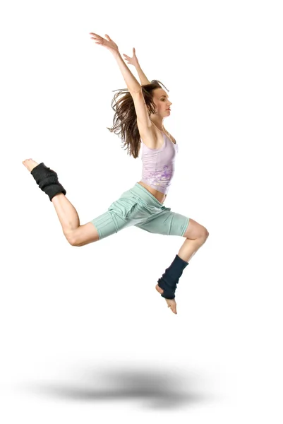 Springende junge Tänzerin isoliert auf Weiß — Stockfoto