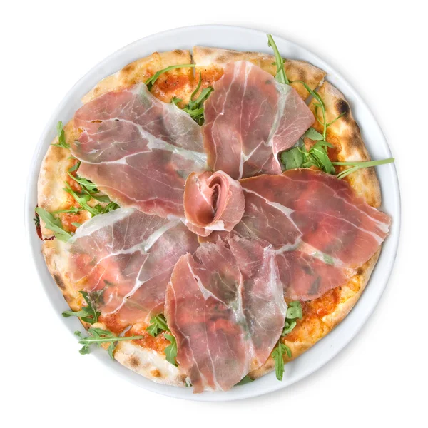 Italian pizza with ham isolated on white — Stock Photo, Image