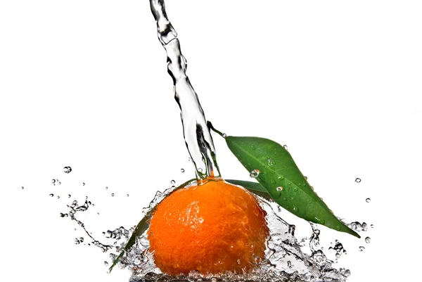 Tangerine med gröna blad och vattenstänk — Stockfoto