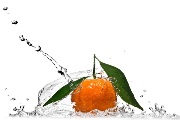 Tangerine med gröna blad och vattenstänk — Stockfoto