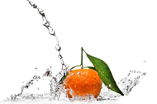 Tangerine met groene bladeren en water splash — Stockfoto