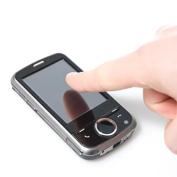 Finger and pda with touch screen — Stock Photo, Image