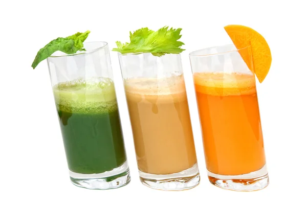 Fresh juices from carrot, celery and parsley in glasses — Stock Photo, Image