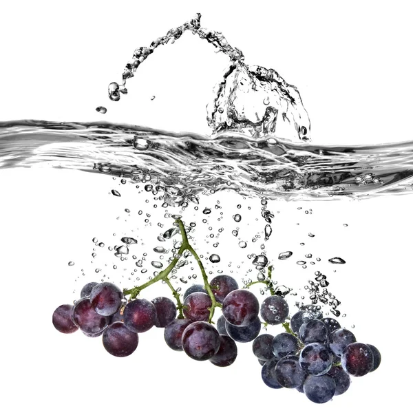 Blauwe druif gedaald in water met splash — Stockfoto