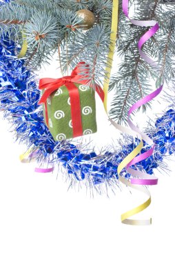 Christmas gift and decoration on fir tree branch clipart