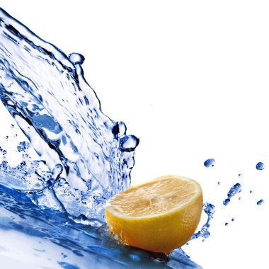 Fresh water drops on lemon isolated on white clipart