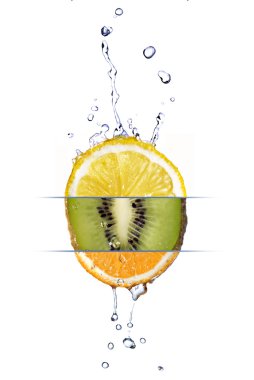 Mix from lemon, orange and kiwi with fresh water drops isolated on white clipart