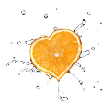 Water drops on heart from orange isolated on white clipart