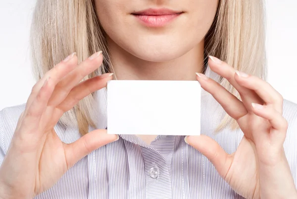 Woman hand holding empty visiting card — Stock Photo, Image