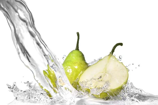 Fresh water splash on green pear — Stock Photo, Image