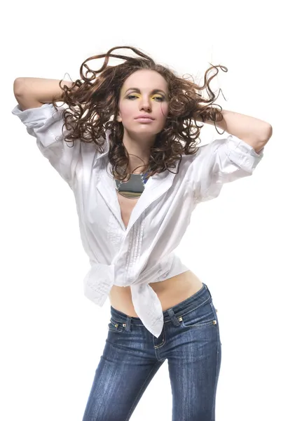 Mulher atraente em camisa branca — Fotografia de Stock