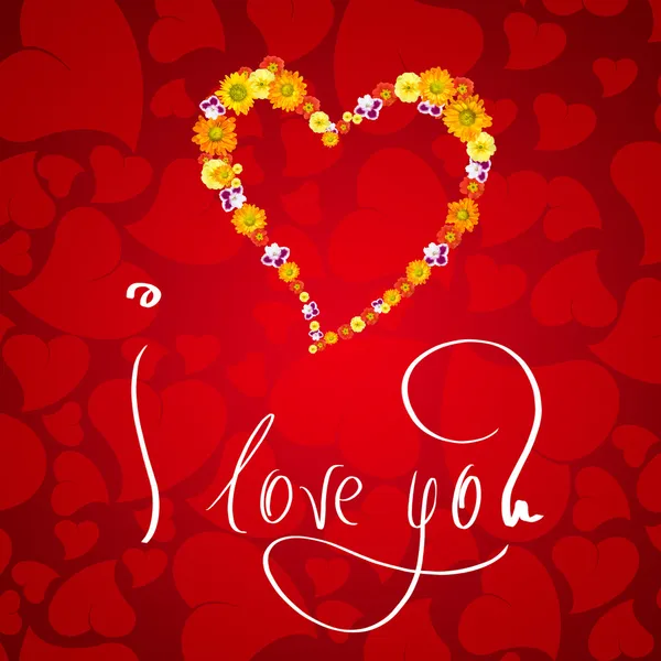 我爱你。与小心脏从鲜花情人节卡 — 图库照片