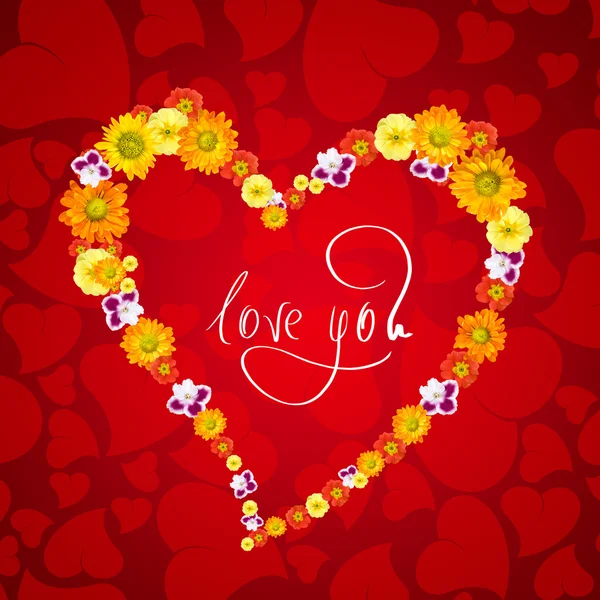 Ik hou van jou. kaart voor Valentijnsdag met hart van bloemen — Stockfoto