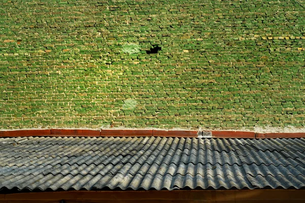 Παλιά τούβλα πράσινο τοίχο και τρέμω στέγη — Φωτογραφία Αρχείου