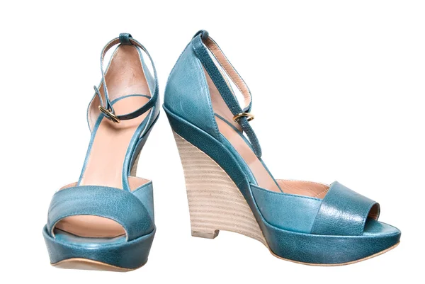 Sapatos femininos de couro azul — Fotografia de Stock