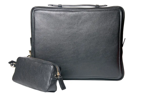 Luksusowy czarny skórzana torba mężczyzna na białym tle notebook — Zdjęcie stockowe
