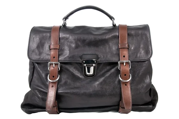 Luxusní černé kožené mužské cestovní taškou izolovaných na bílém — Stock fotografie