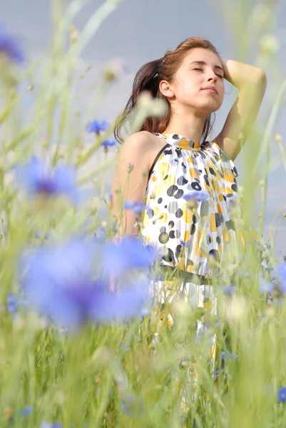 Flicka i fält av blommor — Stockfoto