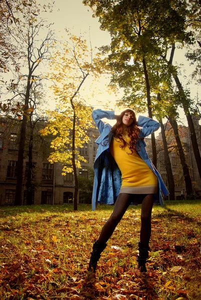 Γυναίκα σε μπλε jaket στο πάρκο φθινόπωρο — Φωτογραφία Αρχείου