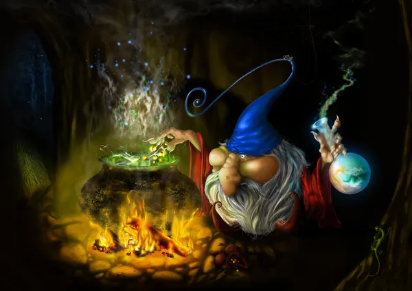 Zeichnung Fee schlauer Zauberer in der Höhle — Stockfoto