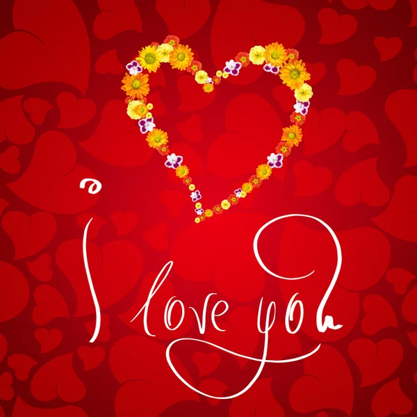 Jag älskar dig. kort för alla hjärtans dag med litet hjärta från blommor — Stockfoto