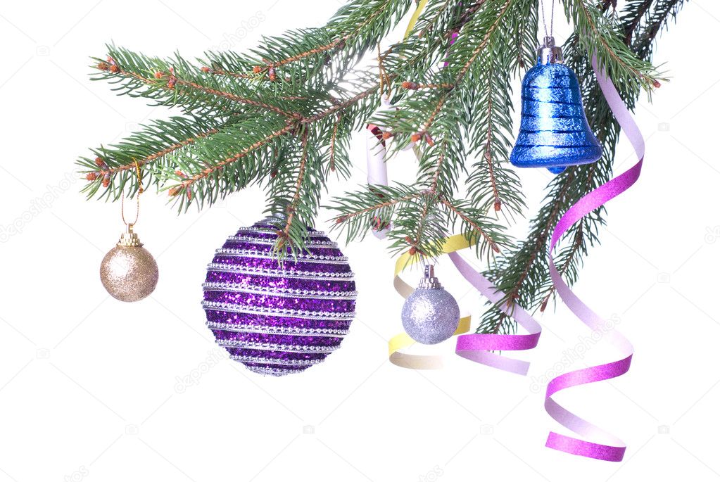 Christmas balls and decoration on fir tree branch