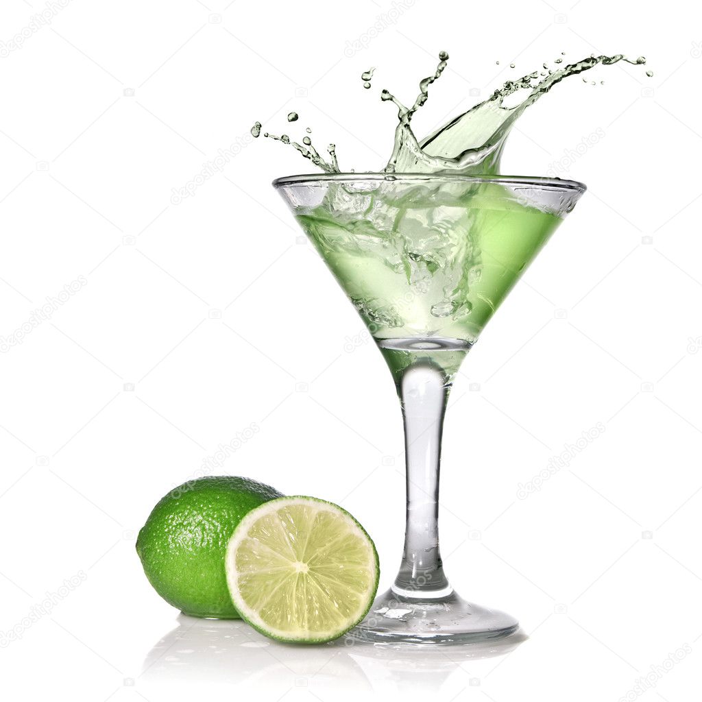 Green alcohol cocktail with splash isolated on white, Stock image