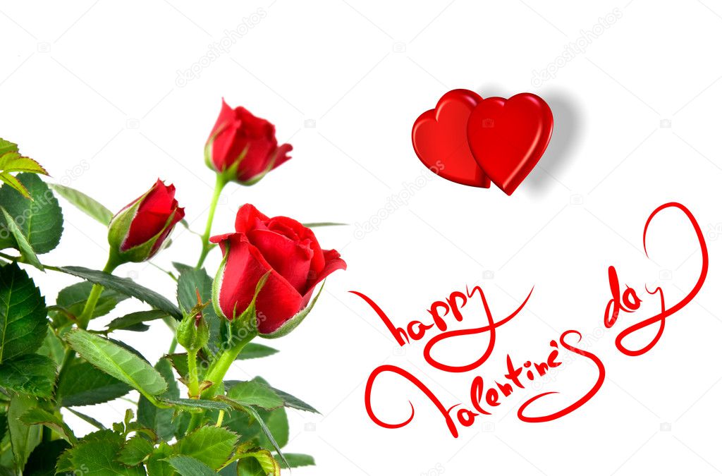 Red roses with hearts and greetings for valentines day