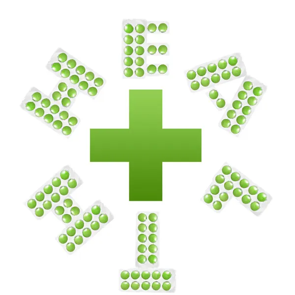 Zdrowia i krzyż. litery z opakowania tabletek na białym tle — Zdjęcie stockowe