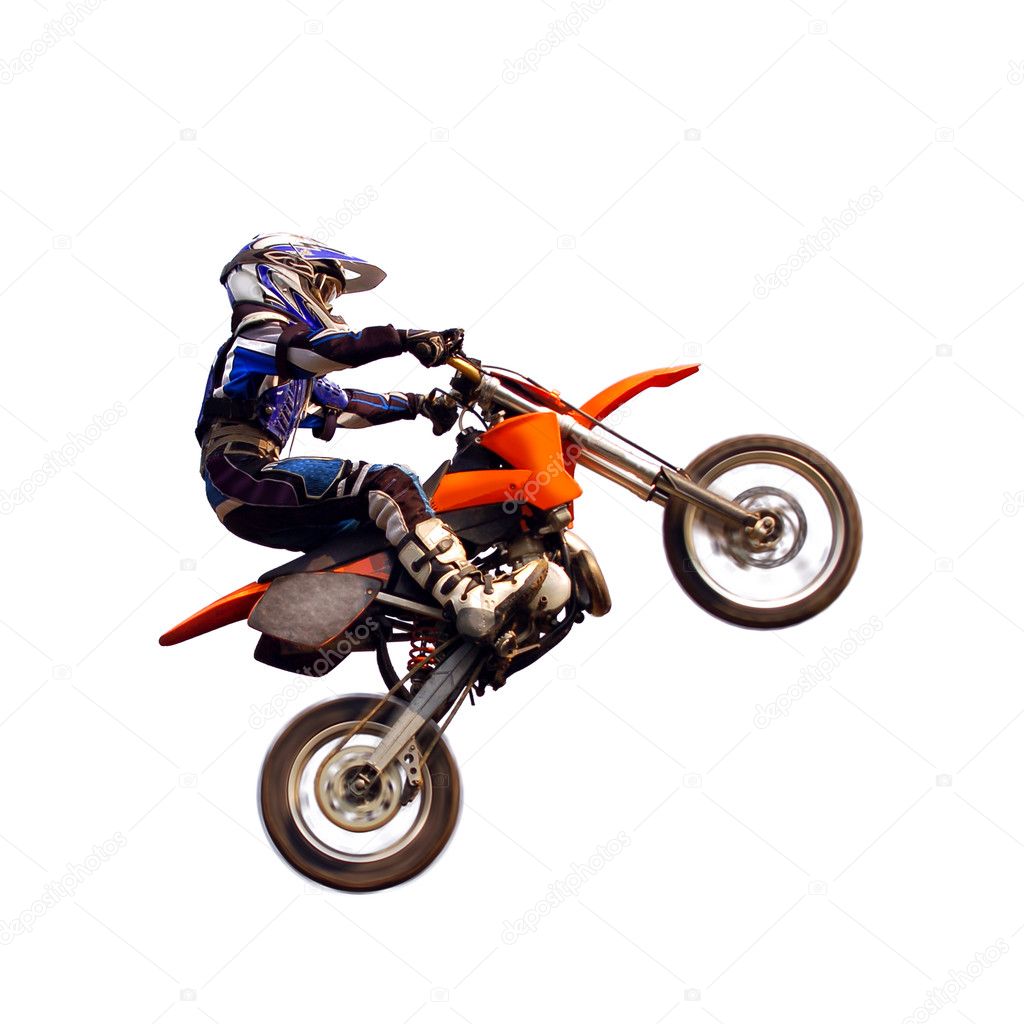 Young moto rider in the air isolated on white
