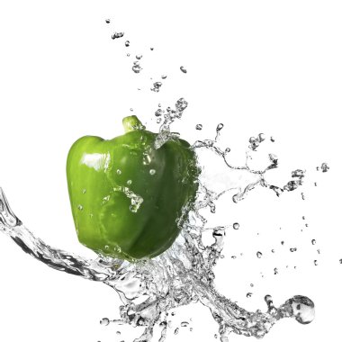 Fresh water splash on green sweet pepper isolated on white clipart