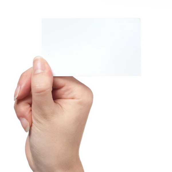 Frau hält leere Visitenkarte isoliert auf weiß — Stockfoto