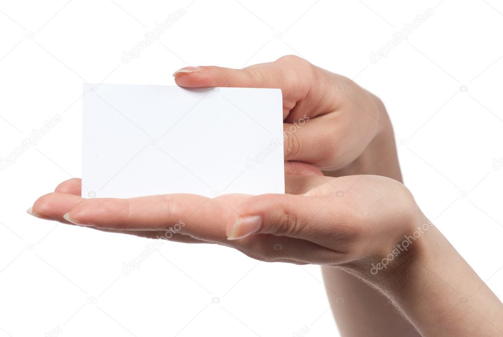 Woman hand holding empty visiting card isolated on white