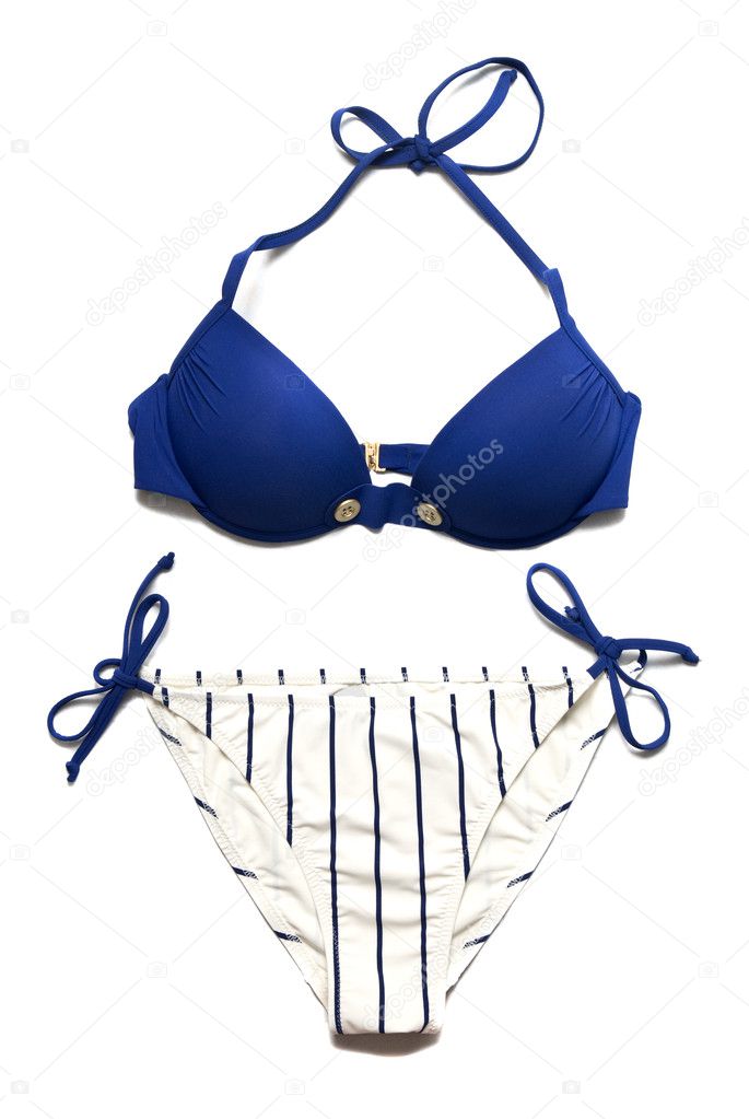 Blue woman swimming suit isolated on white