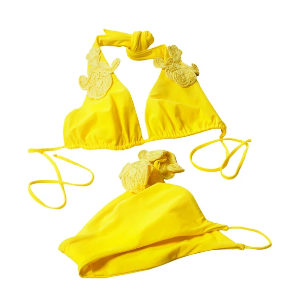 Fato de banho mulher amarela isolado no branco — Fotografia de Stock