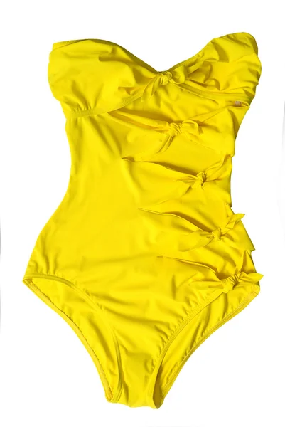 Traje de baño mujer amarillo aislado en blanco — Foto de Stock