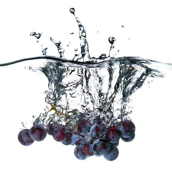 Blauwe druif gedaald in water met splash geïsoleerd op wit — Stockfoto