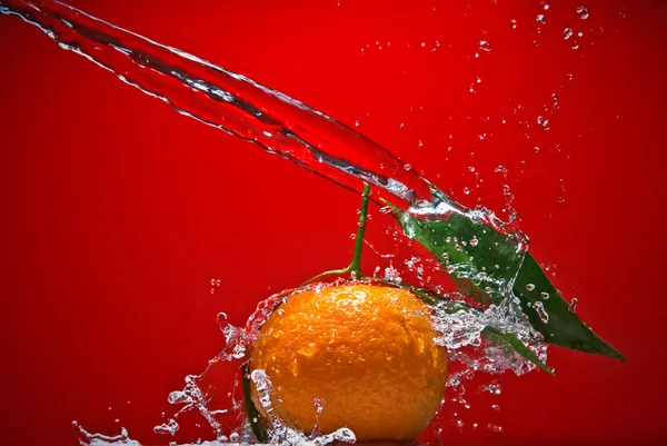 Tangerine with green leaves and water splash on red background — Stock Photo, Image