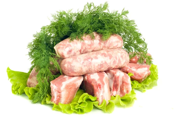 Carne de cerdo, Embutidos y eneldo en ensalada verde —  Fotos de Stock