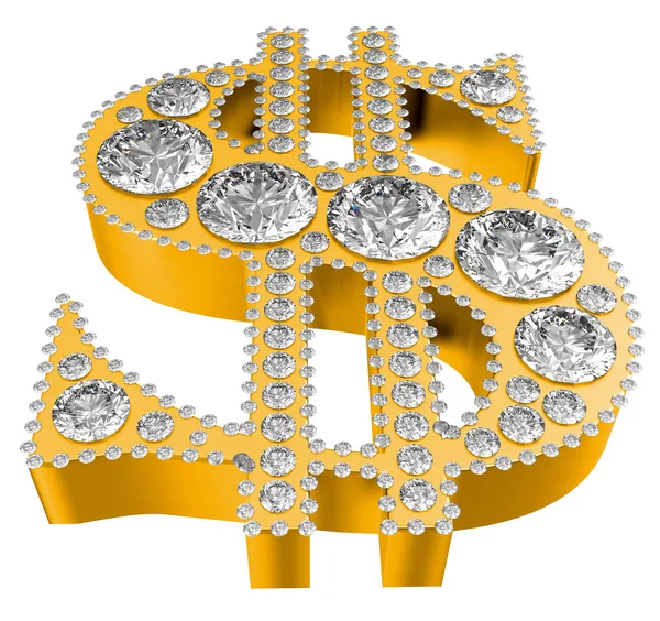 Golden 3D Dollar symbol incrusted with diamonds — Stock Photo, Image