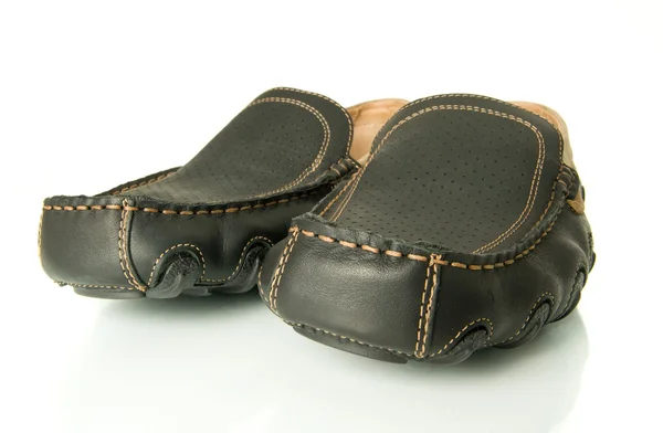 Closeup of black mens shoes moccasins — Stock Photo, Image