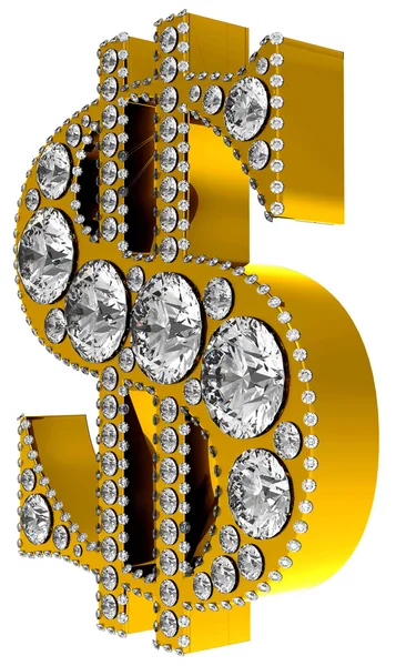 Golden 3D Dollar symbol incrusted with diamonds — Stock Photo, Image