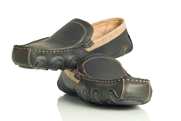 Pair of modern black mens shoes moccasins — Stock Photo, Image