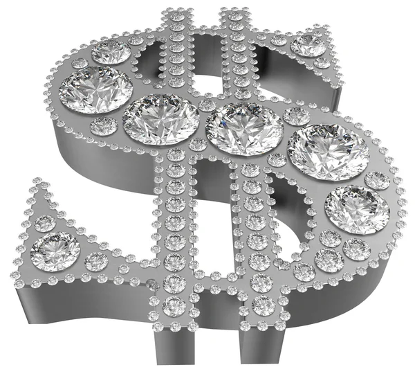 Stříbrná 3d symbol dolaru incrusted s diamanty — Stock fotografie