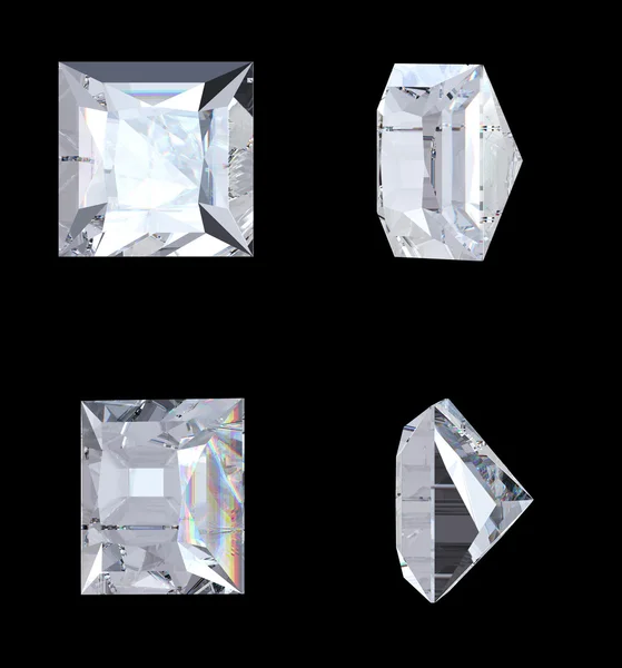 Vista superior inferior y lateral del diamante princesa — Foto de Stock