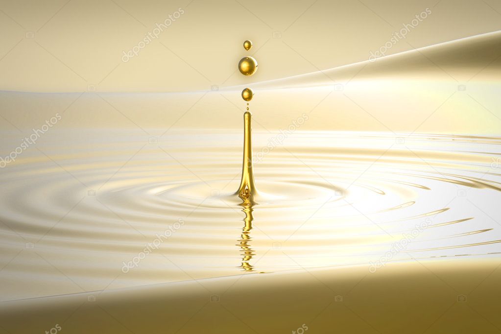 Splash of golden water droplet and waves