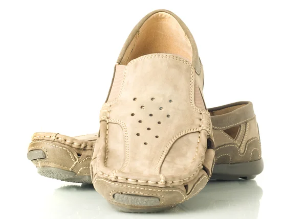 Pair of modern beige moccasins — Stock Photo, Image