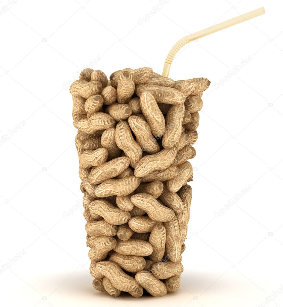 Glass shape assembled of peanuts with straw