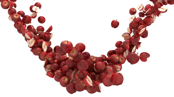 Rote Äpfel fließen vereinzelt über weiße — Stockfoto
