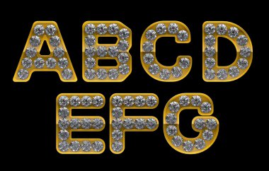 Golden A, B, C, D, E, F, G letters incrusted with diamonds clipart